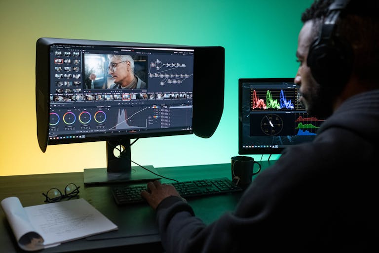 Man Sitting at the Desk and Editing Footage on a Computer